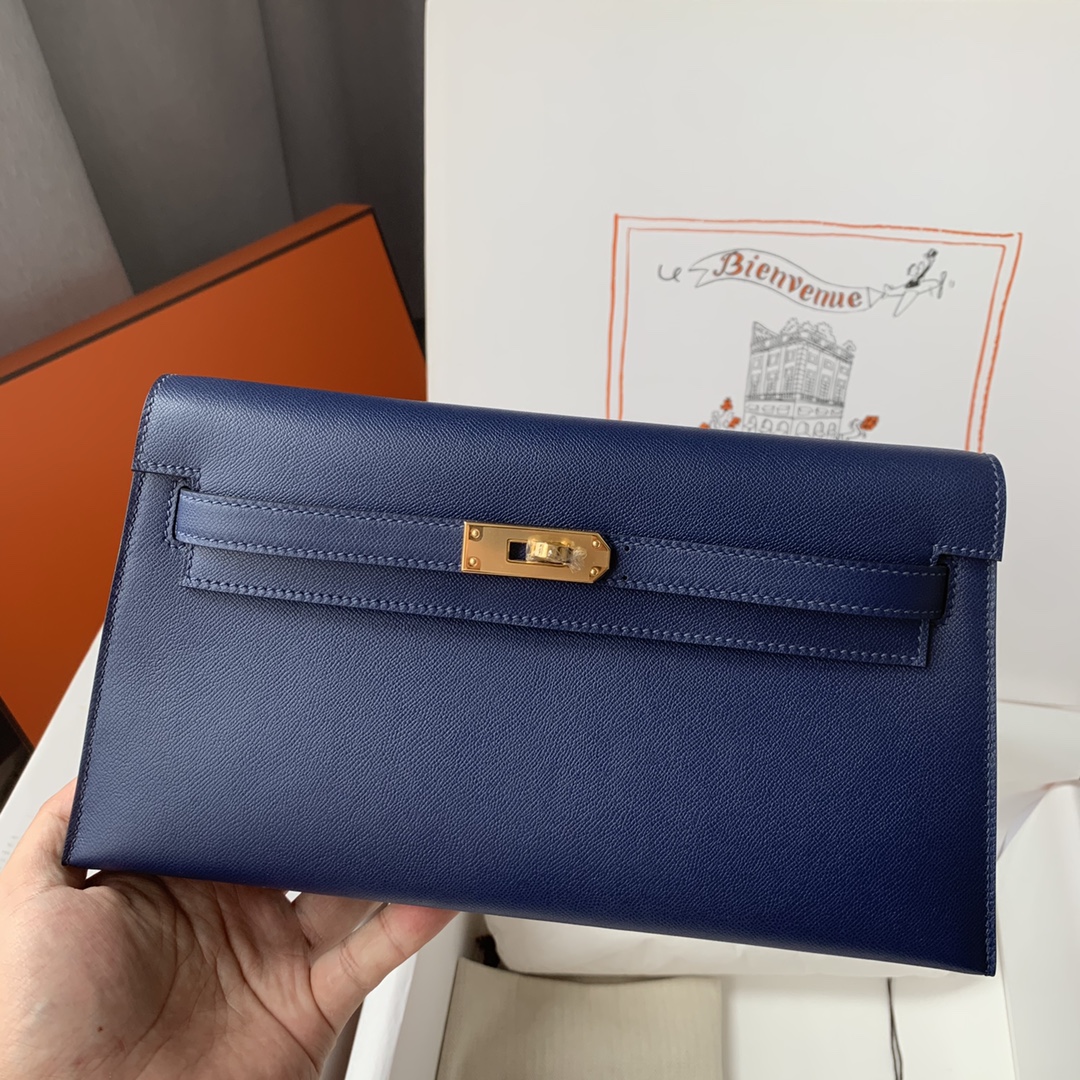 Hermes Kelly Elan Shoulder Bag in Blue Nuit Epsom Leather 